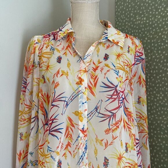 Modcloth Multicolor Be Buzzworthy Sheer Button Down Long Sleeve Blouse Size L - Picture 2 of 8